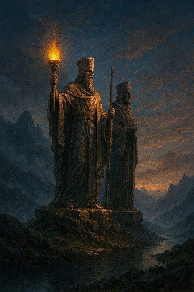 Behind the Saga – colossal stone guardians with torch and staff at twilight title